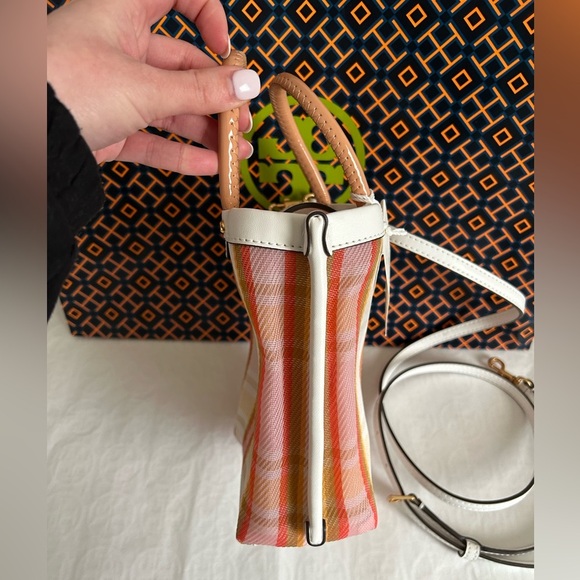 Tory Burch Mini Perry Mesh Tote Canyon Flower Plaid White Pink Tan Yellow Gold - Picture 3 of 13